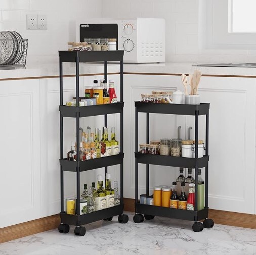 4 Tier Slim Storage Cart, Rolling Storage Cart, Narrow Shelf, Bathroom Rack, Mobile Shelving Unit Organizer for Kitchen, Bathroom, and Laundry Room, Black.