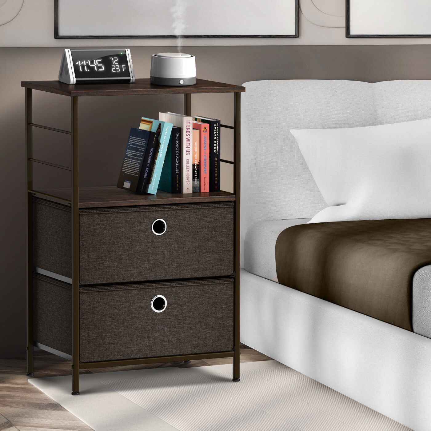 Sorbus Nightstand 2-Drawer Shelf Storage - Bedside Furniture & End Table Chest Dresser with Steel Frame, Wood Top & Easy Pull Fabric Bins for Home, Bedroom, Closets, Bathroom, Office & College Dorm