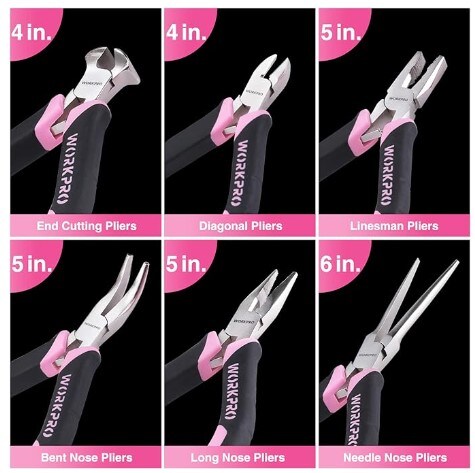 Needle Nose, Long Nose, Bent Nose, Diagonal, End Cutting, and Linesman Pliers, 6-Piece Mini Pliers Set, with Pouch - Pink Ribbon