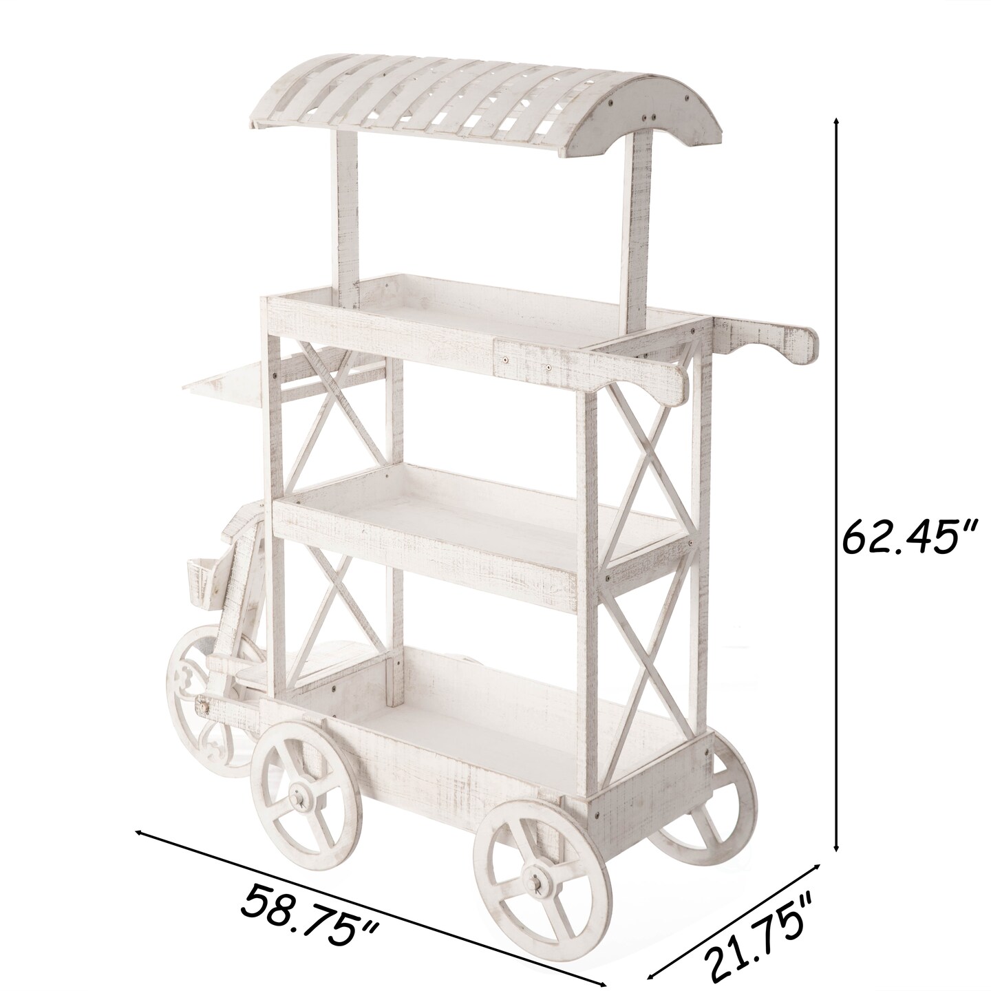 White Wood Decor Display Rack Mobile Food Cart with Wheels 3 Tier for Display, Wood Wagon with Shelves for Food and More