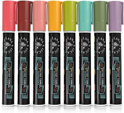 8 Pieces Liquid Chalk Markers - Wet Erase Marker Pens - for Chalkboards Signs, Windows, Blackboard, Glass - 6mm Reversible Tip  - Vintage Colors Multicolor