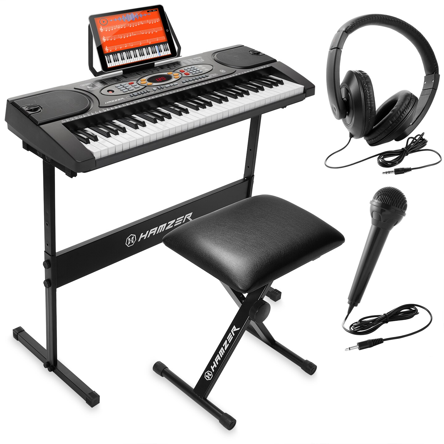 Hamzer 61-Key Electronic Keyboard Portable Digital Music Piano with H-Stand, Stool, Headphones, Microphone, &#x26; Sticker Set