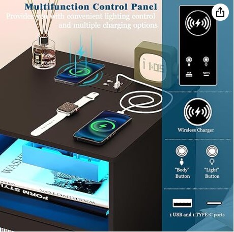 Smart Bedside Tables with Auto Sensor Light, White Night Stand with Open Compartment & Cabinet, Modern LED Nightstand with Wireless/USB/Type-C Charging Station