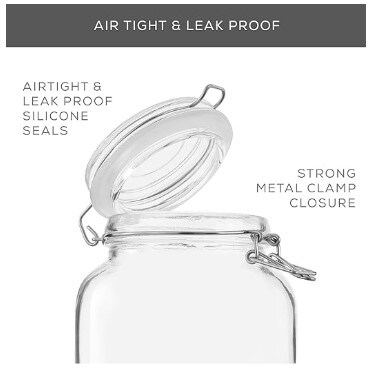 Glass Jars with Lids that are Airtight 78oz Glass Jar with Lid and 6 Silicone Seals in a Set of 3! Glass Food Storage Containers in Bulk. Containers for Candy, Flour, and Pasta in a Square Mason Jar