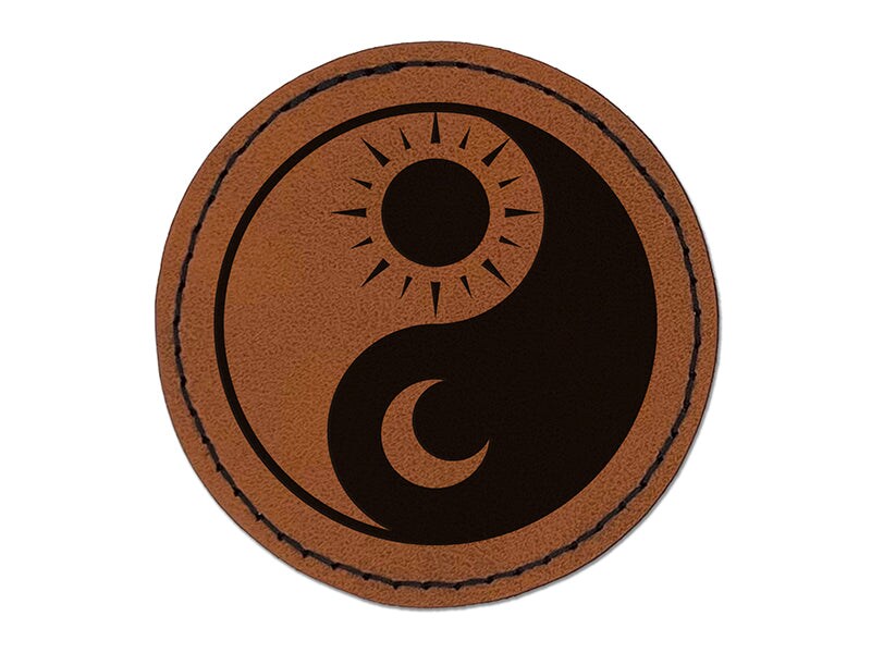 Sun Moon Yin Yang Night Day Round Iron-On Engraved Faux Leather Patch Applique - 2.5&#x22;