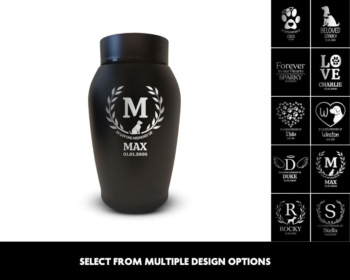 product name is Custom Small Pet Urn for Dogs up to 15lbs Personalized Dog Urn for Pet Memorial Custom Engraved Name and Date Stainless Steel, Airtight Lid