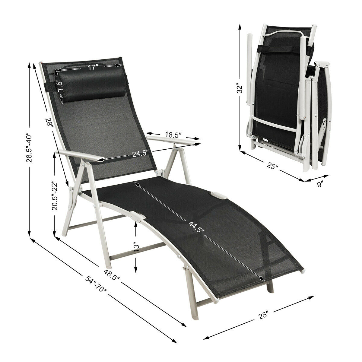Costway Folding Chaise Lounge Chair w/Cushion Black\Gray\Turquoise