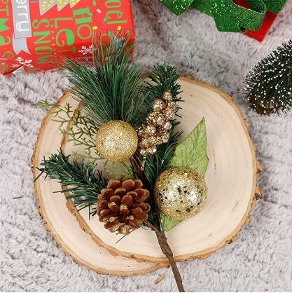 6 Pack 12&#x27;&#x27; Elegant Faux Picks for Christmas Gold &#x26; Silver Globe Ornaments + Pine Cone + Green Poinsettia Leaf + Mini Gold Balls