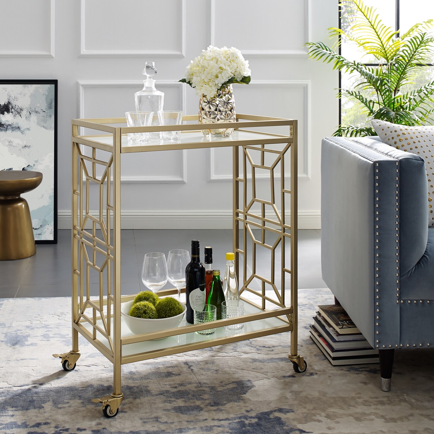 Mimi Glass Shelf Caster Leg Metal Bar/Serving Cart