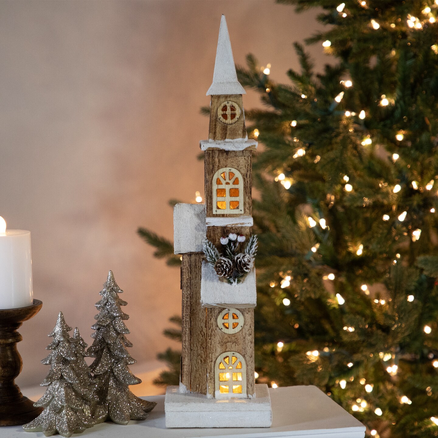 Northlight 20.25&#x22; LED Lighted Brown Wooden Snowy Church Christmas Decoration