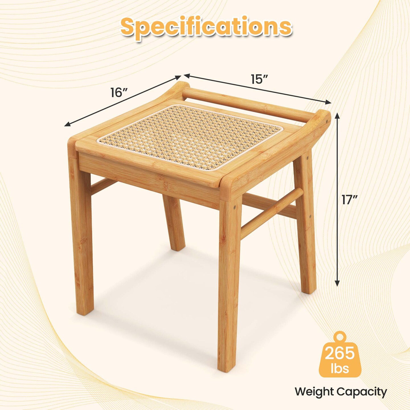 Costway Bamboo Vanity Stool Rattan Top Ottoman Footrest for Living Room Bedroom Natural