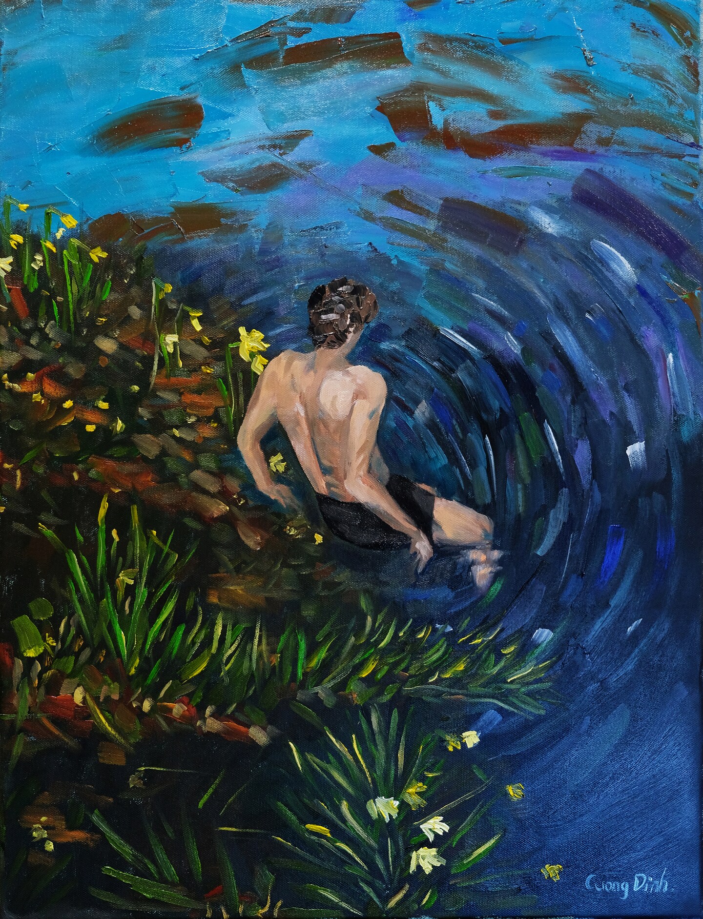 a young men swims - Oil on canvas - 18x24 in, oil painting, one of a kind