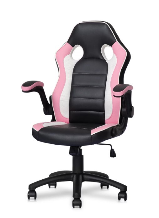 Black/pink PU leather computer gaming office chair with flip-up arms that works as a working desk seat