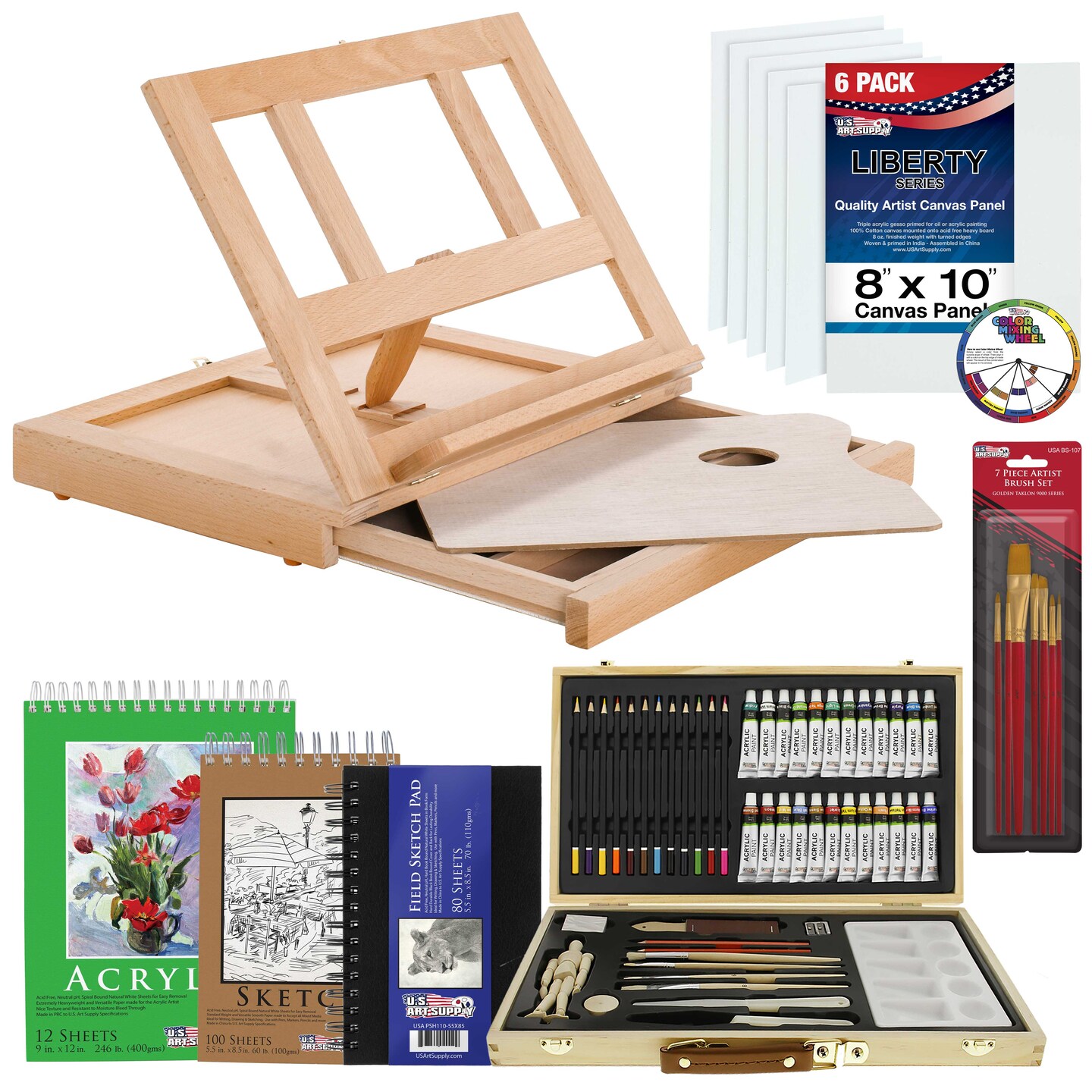 U.S. Art Supply 68-Piece Artist Painting &#x26; Drawing Case Set, Wooden Table Easel, 24 Acrylic Paint, 6 Canvases, Brushes, 12 Colored Pencils Sketch Pads