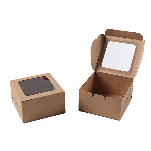 25-Pack Kraft Paper Bakery Boxes - Single Pastry Box 4-Inch, Packaging with Clear Display Window, Donut, Mini Cake, Pie Slice, Dessert Disposable Take-Out Container, Brown, 4 x 2.3 x 4 Inches
