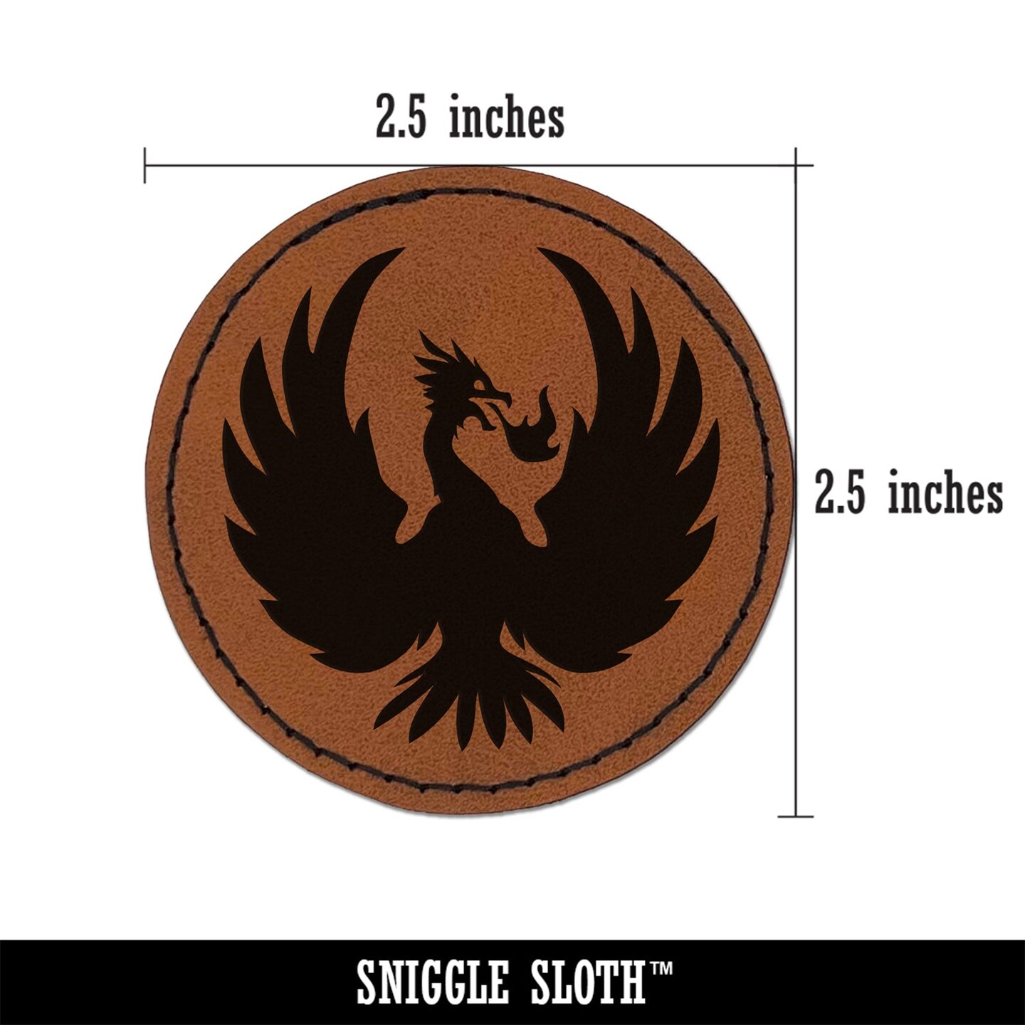Fire Phoenix Bird Rising Round Iron-On Engraved Faux Leather Patch Applique - 2.5&#x22;