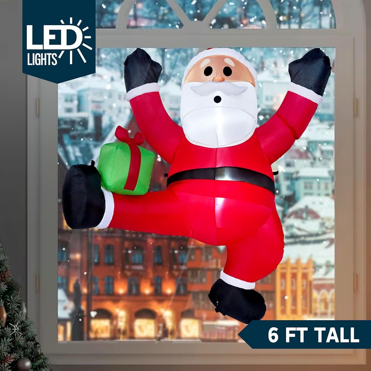 6ft Mischievous Inflatable Climbing Santa with Gift Box Christmas Decor