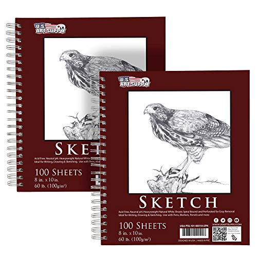 U.S. Art Supply 8&#x22; x 10&#x22; Sketch Book Pad, Pack of 2, 100 Sheets Each, 60lb (100gsm) - Spiral Bound Artist Sketching Drawing Paper Pad, Acid-Free - Graphite Colored Pencils, Charcoal - Adults, Students