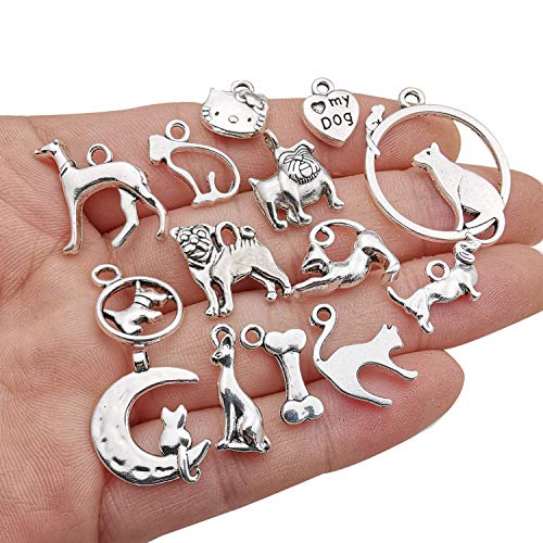 100g(80pcs) Craft Supplies Antique Silver Animals Cat Dog Pet Charms Pendants for Crafting, Jewelry Findings Making Accessory for DIY Necklace Bracelet (M293)