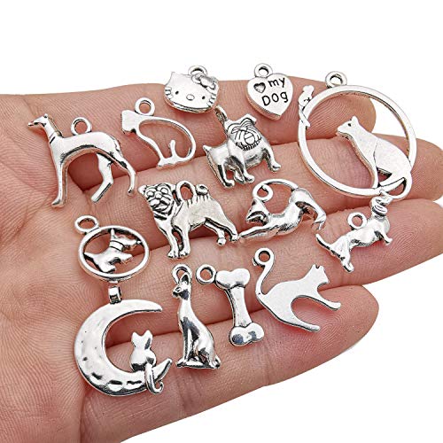 80 Pieces Craft Supplies Antique Silver Animals Cat Dog Pet Charms Pendants for Crafting, Jewelry Findings Making Accessory for DIY Necklace Bracelet (M293)