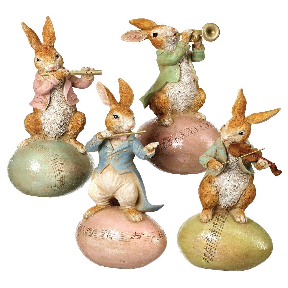 9" Handcrafted Vintage Musical Easter Bunny Figurines – Set of 4 Pastel Rabbit Musicians on Eggs