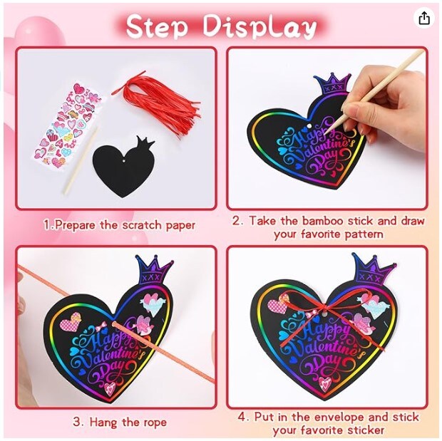 48 pieces Heart Rainbow Magic Scratch Art Valentines Day Cards for Kids Classroom Scratch Paper Art for Valentines Day Gifts