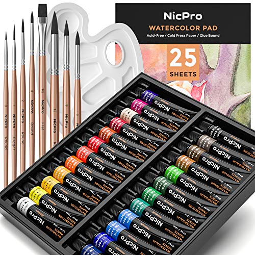 Nicpro 50 Colors Watercolor Paint Set, Include Metallic & Fluorescent  Color, 8 Squirrel Painting Brushes, 25 Water Color Paper & Palette, Art  Supplies