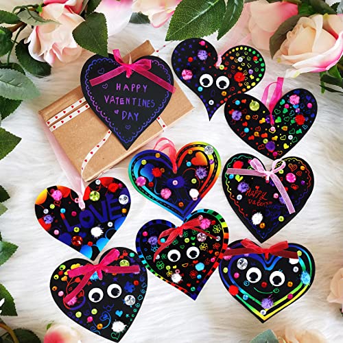 27 Sets Magic Color Scratch Paper Heart Ornaments Bookmarks Valentine Craft Kits Scratch Paper Heart Cutouts Pom-poms Googly Eyes for Kids Activity Art Project Party Favor Valentine Tree Decoration