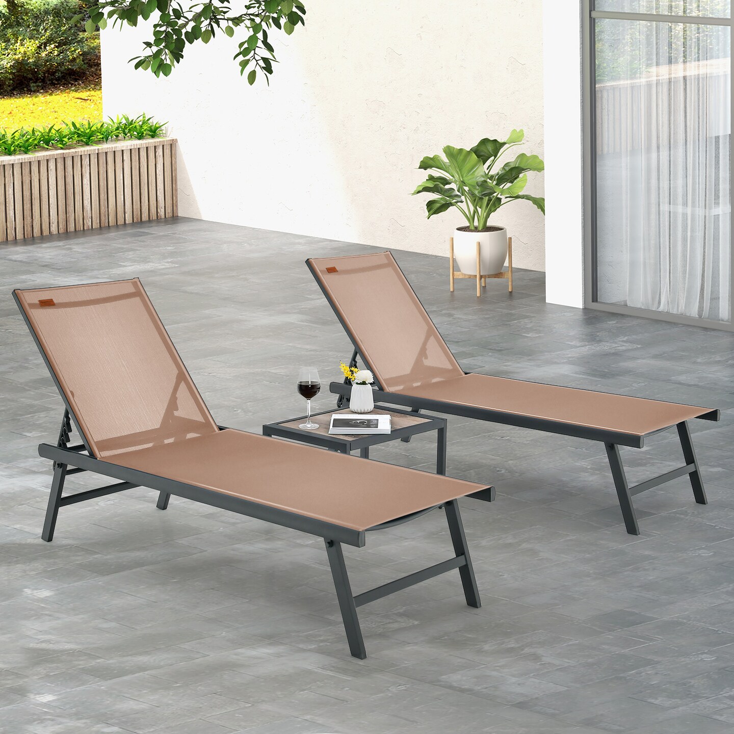 3 Pieces Patio Chaise Lounge Chair and Table Set for Poolside Yard