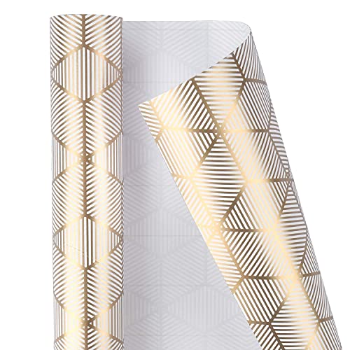 Wrapping Paper Roll for Birthday - Mini Roll - 17 inch X 120 inch Per roll - White & Gold Foil Design (42.3 sq.ft.ttl)