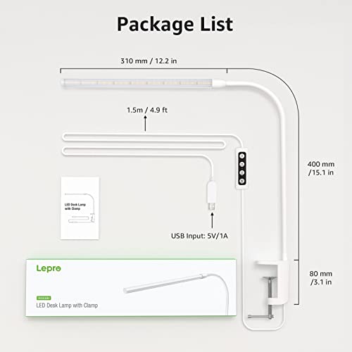 Clip on Desk Lamp LED Reading Light Dimmable USB Clamp Lamp with 3 Color Modes 10 Brightness, Adjustable Flexible Gooseneck Swing Arm for Bed Headboard, Workbench, Home Office, Nail Lamp, White