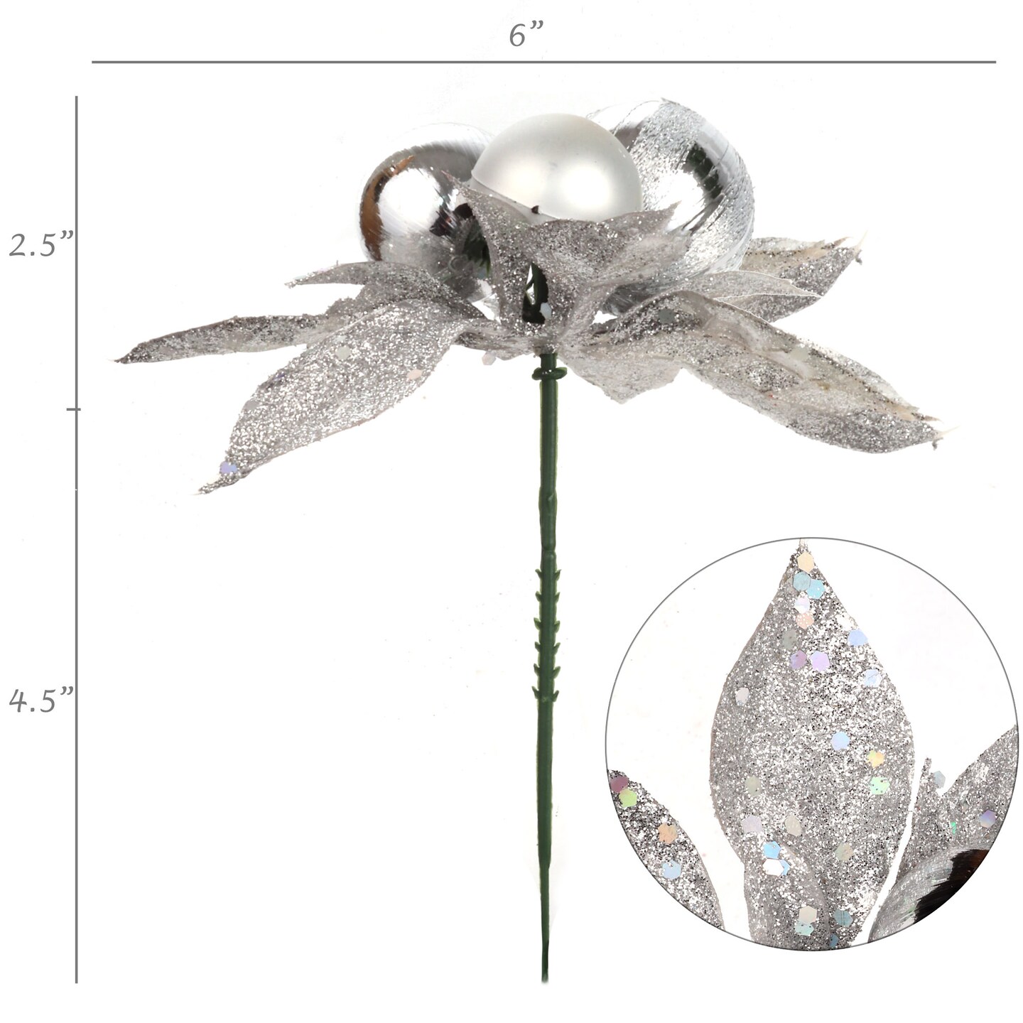Set of 12: Silver Glitter Poinsettia Flower Picks with 3 Ornament Balls - Festive Seasonal Accents