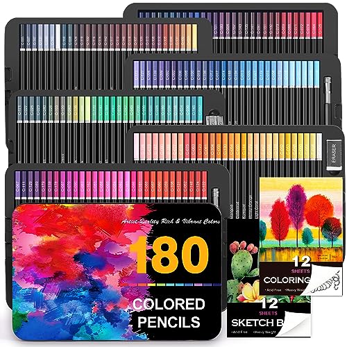 COOL BANK 180 Colored Pencils Set for Adult Coloring Books, Artist Pencils  with Sketchbook, Coloring Book, Pencil Extenders, Eraser, Sharpener, Soft  Core, Gift Tin Box for Beginners Artists