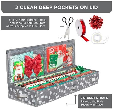 Wrapping Paper Storage Bin - Holds up to 27 Rolls 1 3/8" Diam. - Gift Wrap Organiser Bags, Wrapping Paper Rolls, Ribbon, and Bows for Underbed - Under the Bed- 600D Durable Material - Rolls Up to 40"