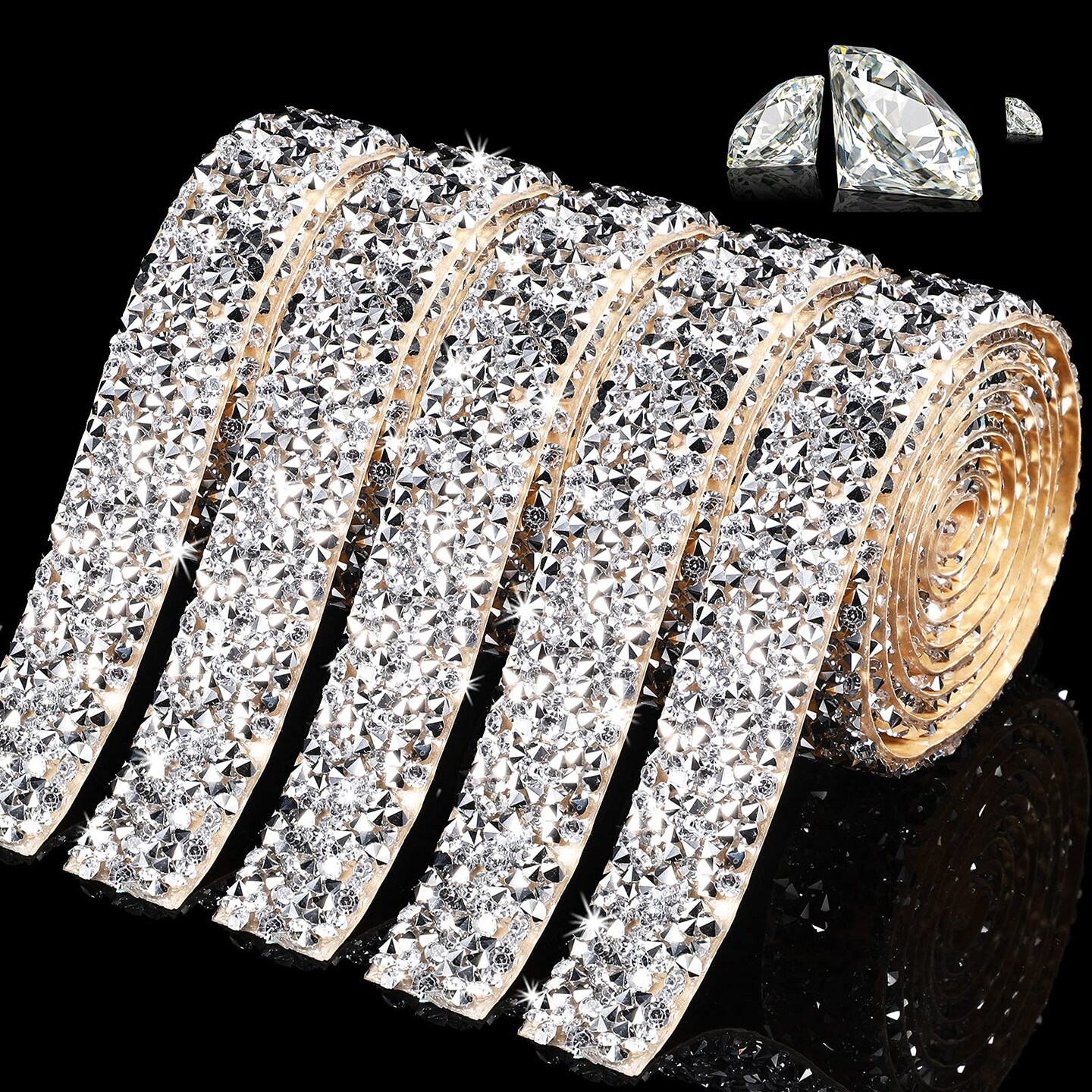 5 Rolls Crystal Rhinestone Ribbon Shiny Resin Diamond Self-Adhesive Bling Ribbon for Arts Crafts DIY Party Decor(Silver,Basic Style)