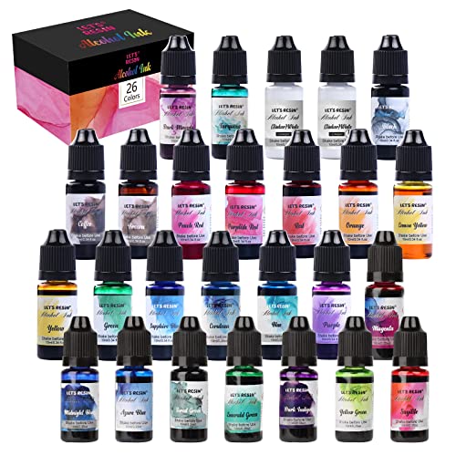 Alcohol Ink for Epoxy Resin LET&#x27;S RESIN Concentrated Alcohol Ink Set, 26 Vibrant Colors Alcohol-Based Resin Ink,Alcohol Paint Resin Dye for Resin Art, Tumblers, Resin Epoxy(Each 0.35oz)