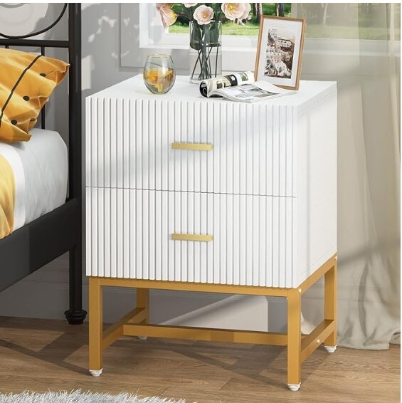 Modern Striped Night Stands Bed Side Table with Storage, White and Gold End Table Wood Metal Side Table for Living Room, Bedroom
