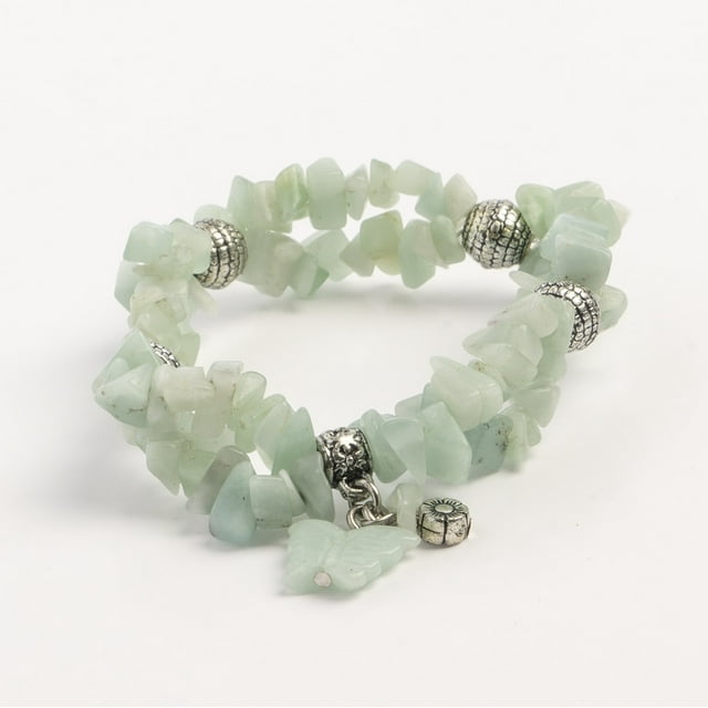 Earth&#x27;s Jewels Semi-Precious Amazonite Natural Green 2-Strand Bracelet Chips, Butterfly Charm