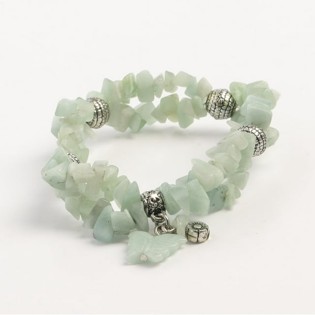 Earth's Jewels Semi-Precious Amazonite Natural Green 2-Strand Bracelet Chips, Butterfly Charm