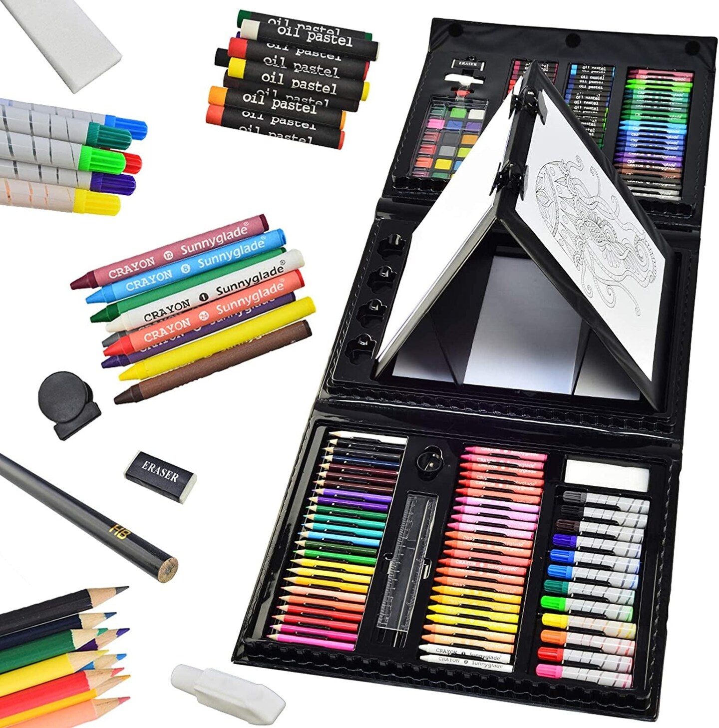 Beginners Art Set Case With Trifold Easel, Sketch Pad, Coloring