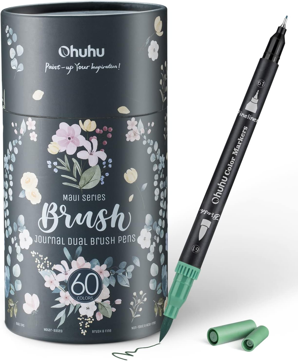Ohuhu Water Based Markers for Adult Coloring Books: 60 Colors Coloring Markers Dual Tips Fine & Brush Pens Art Markers for Kids Adults Drawing Sketching Bullet Journal Non-bleeding - Maui(White Package/Black Package)