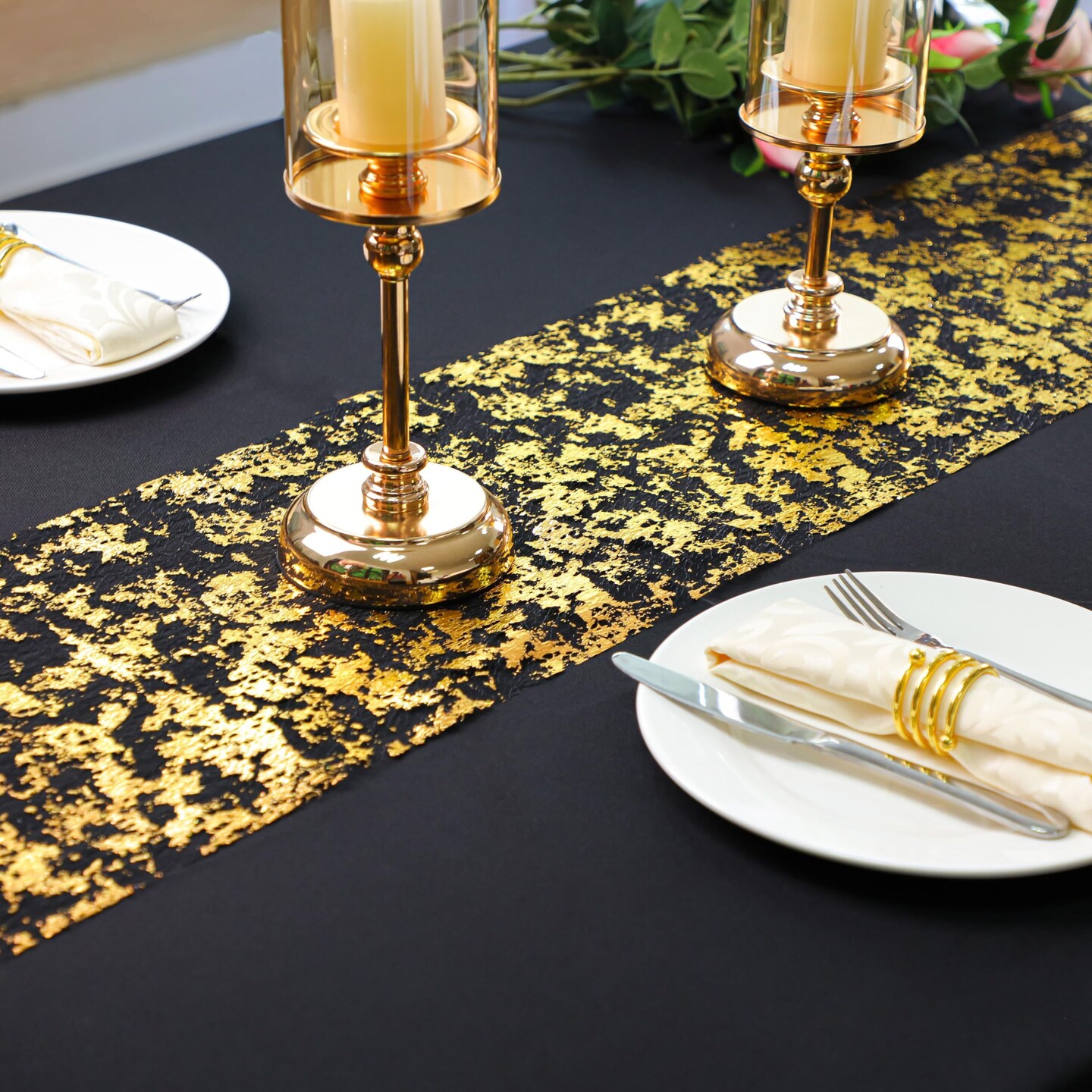 49 Feet 588 inches Black and Gold Table Runner Sparkly Golden Metallic Foil Runners Decorations Glitter for Wedding Christmas Thanksgiving Anniversary Party Birthday by Snowkingdom