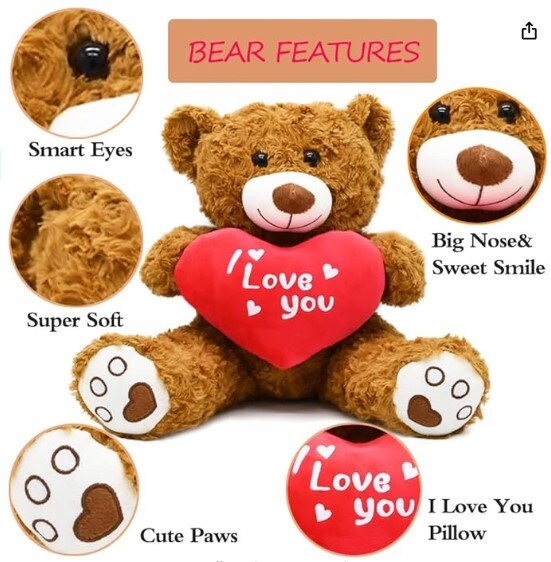 14-Inch Teddy Bear Stuffed Animal with Red Heart