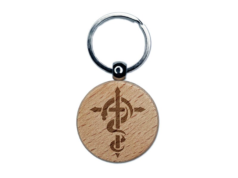Brazen Serpent on Cross Good and Evil Engraved Wood Round Keychain Tag Charm