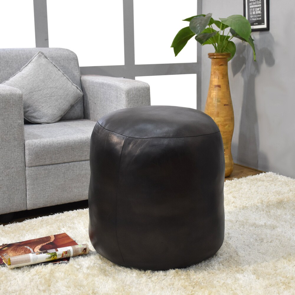 Bbh Homes Black Round Leather Pouf Ottoman Handmade Recycled Cotton Fill Bbbacpf0012