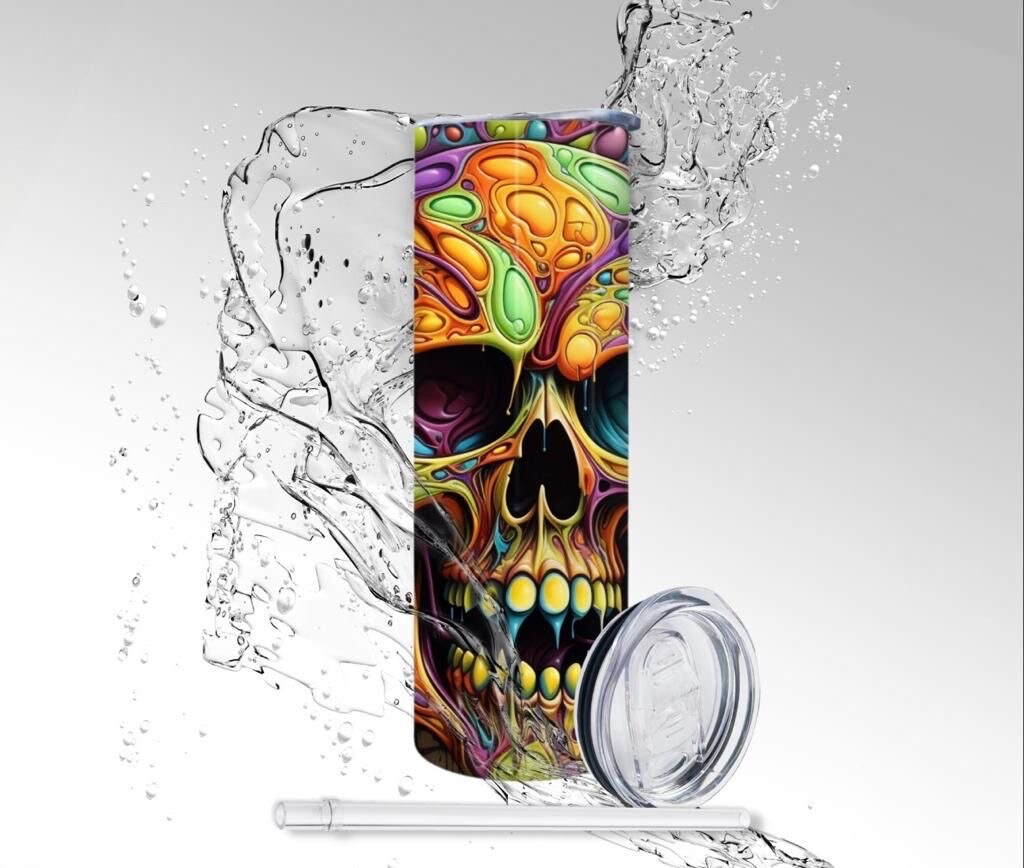 Tumbler Puff Paint Wall Skull, Sublimated 20 oz Skinny Tumbler