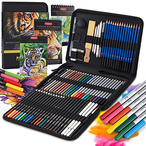 PANDAFLY 80 Pack Drawing Set Sketching Kit, Pro Art Supplies with 3-Color Sketchbook, Watercolor Pad, Colored, Graphite, Charcoal, Metallic Pencil, for Artist Adults Kids Beginner