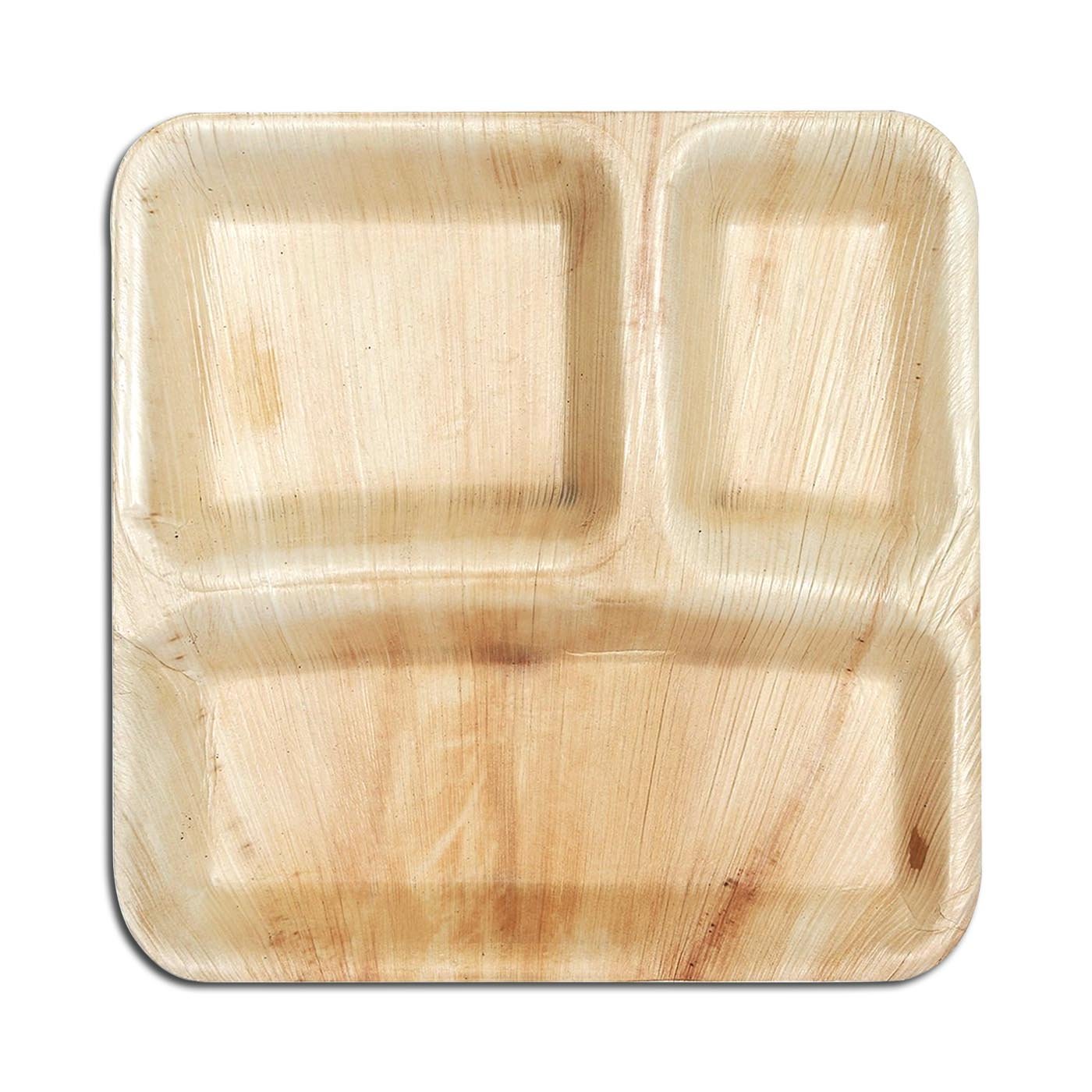 Square Palm Leaf 3-Partition Eco Friendly Disposable Dinner Plates - 10&#x22; (100 Plates)