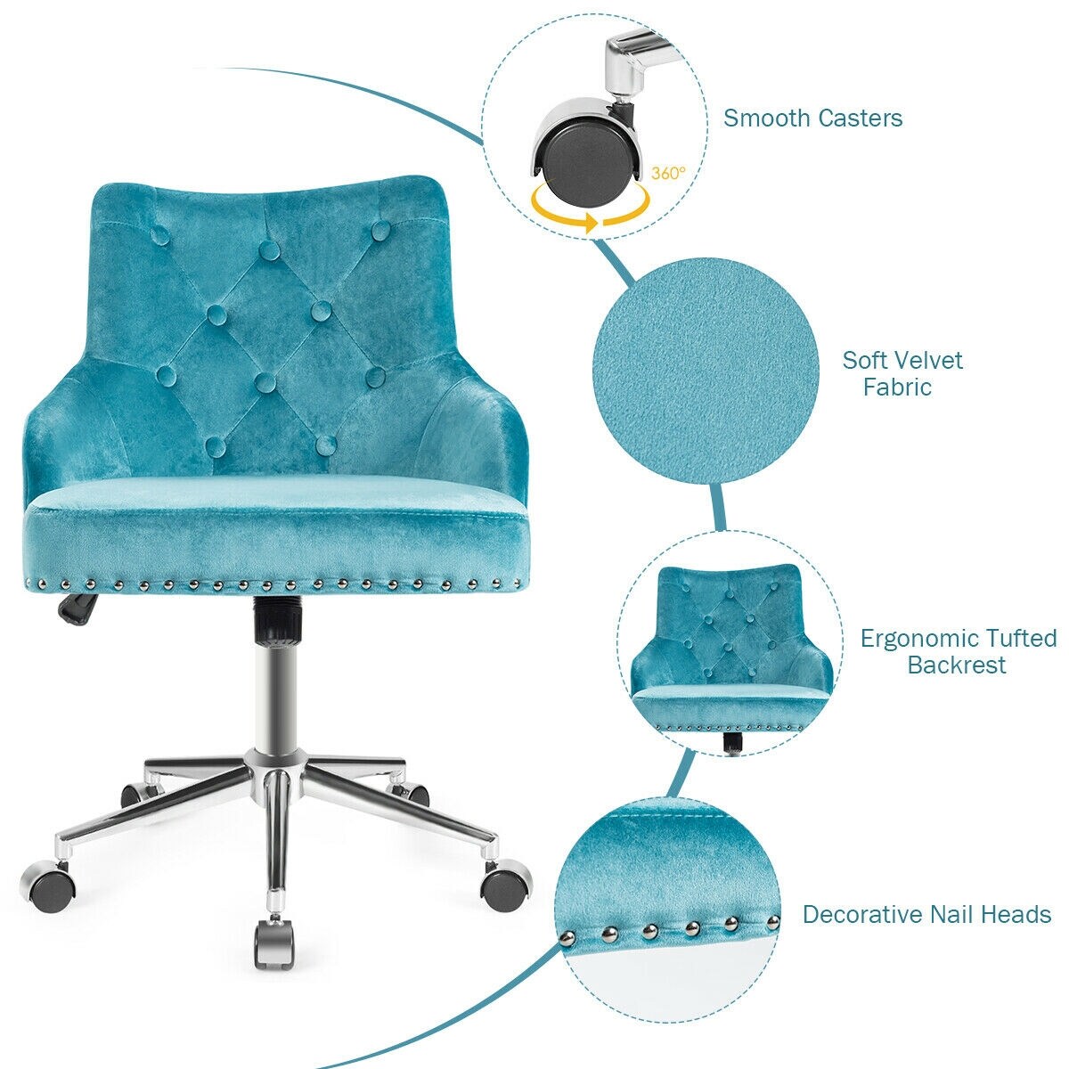 Tufted Upholstered Swivel Computer Desk Chair with Nailed Trim