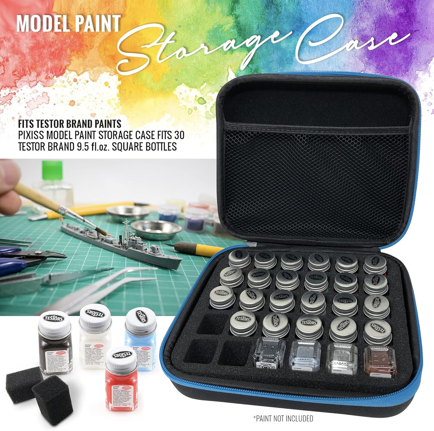 Pixiss Model Paint Storage Case for Testors Paints with 6 Fine Detail Miniatures Paint Brushes (Paint Not Included)